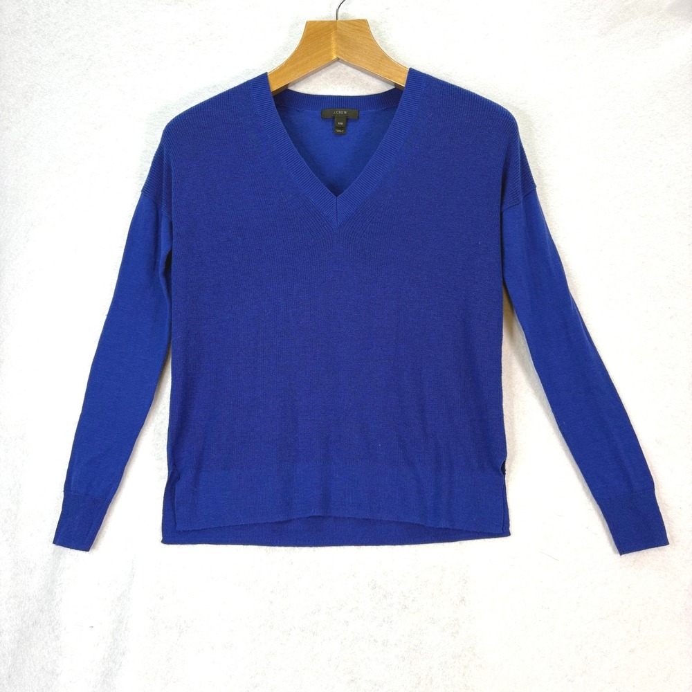 J. Crew Royal Blue V Neck Long Sleeve‎ Knit Sweater Top XXS Merino Wool Blend